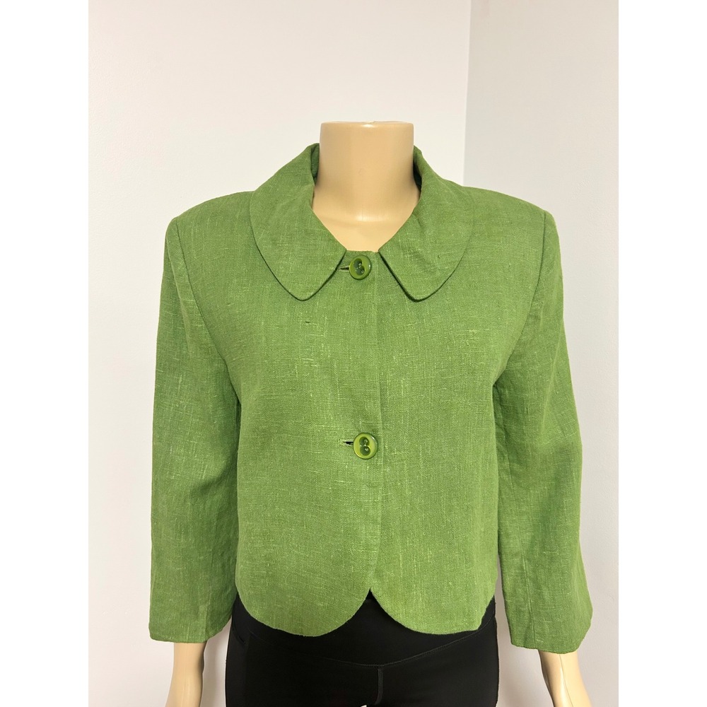 Harve Benard Green 100% Linen Cropped Blazer Jacket Peter Pan Collar Size 14